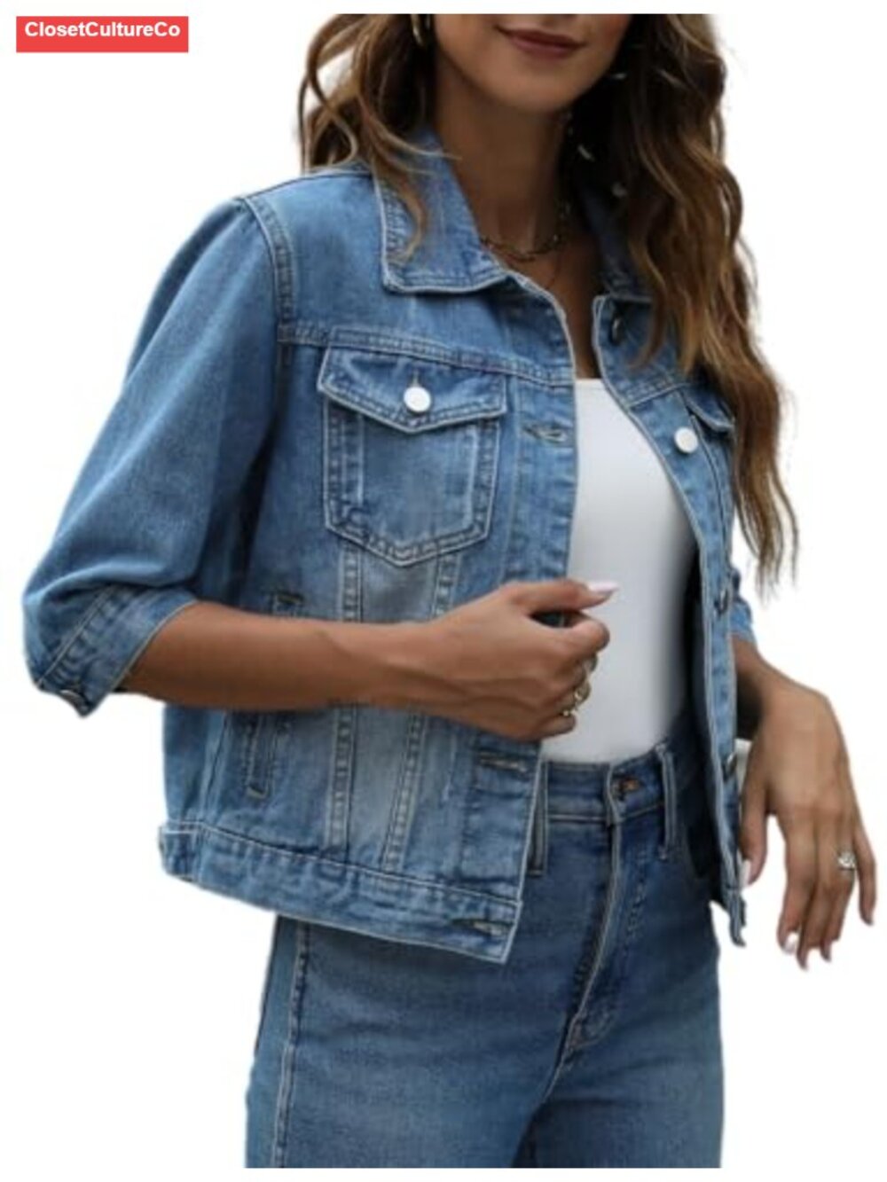 Women's 3/4 Sleeve Cropped Denim Jacket Button Down Trucker Jean Coat